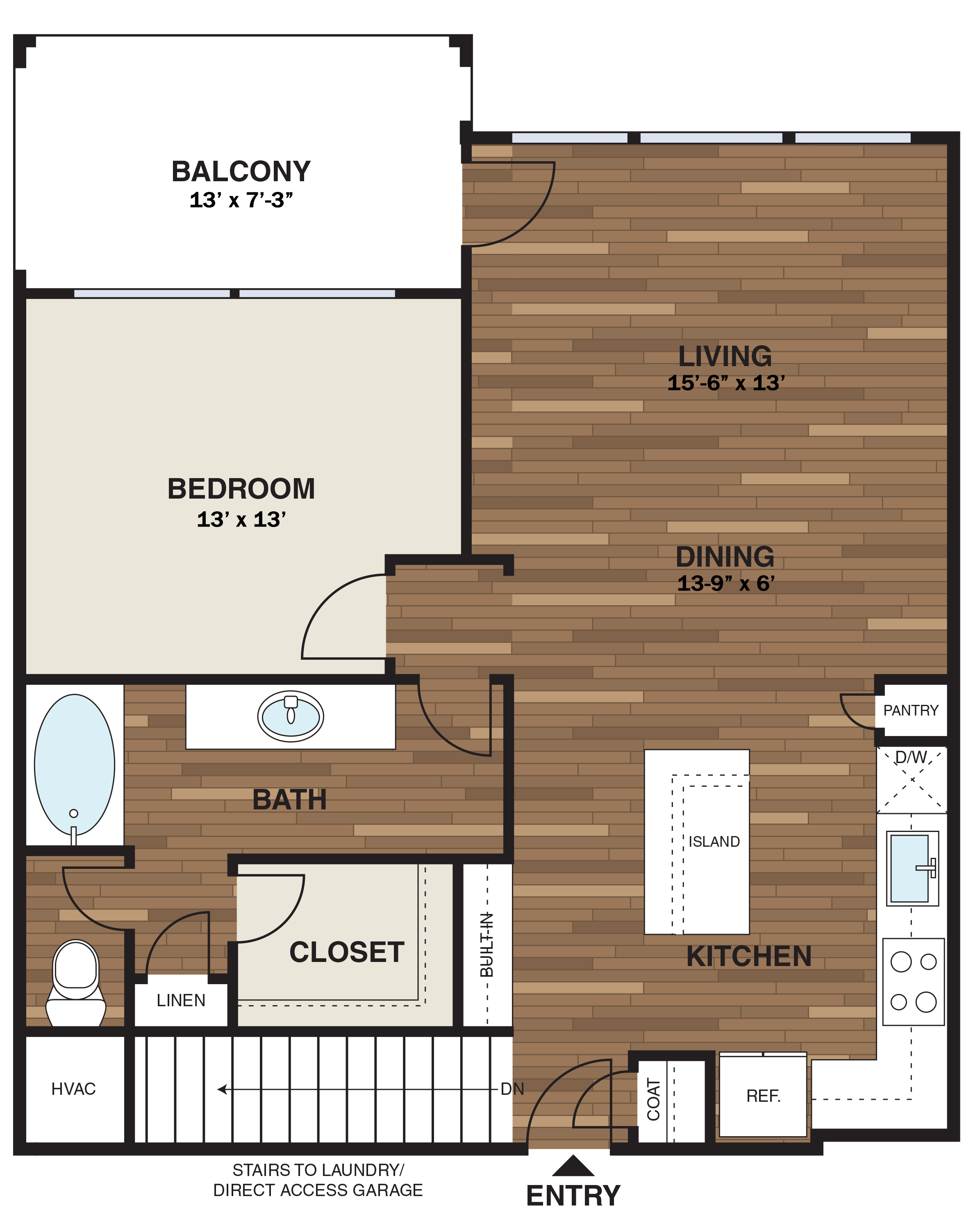 Floor plan for 1 bed, 1 bath, 847 sqft